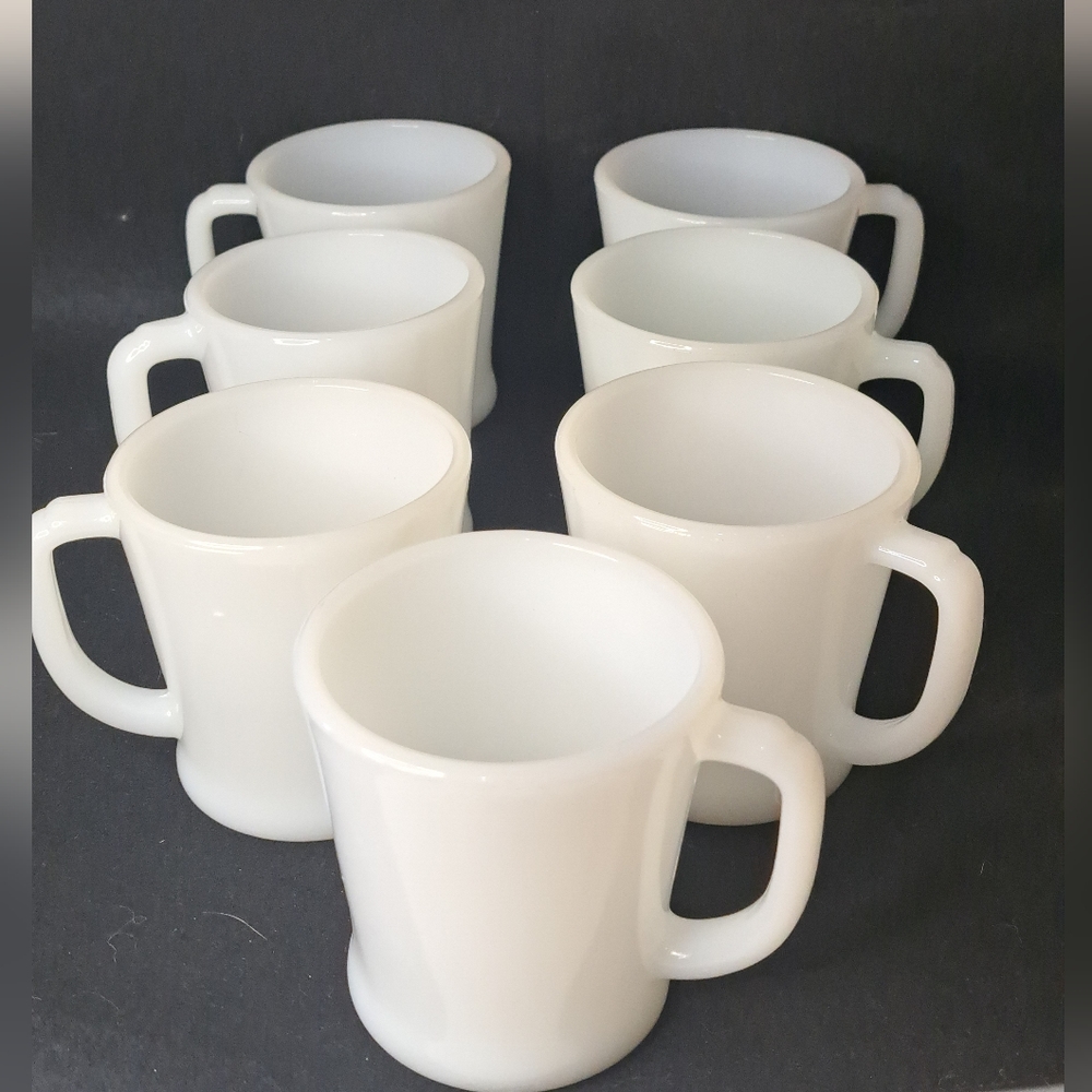 7 Vintage Fire King Anchor Hocking White Milk Glass D Handle Coffee Cups